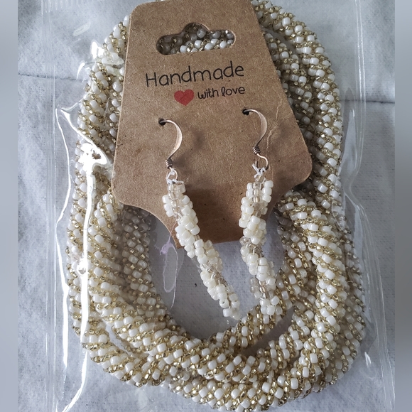 Hand Crafted Jewelry White, Gold, Clear Seed Beads Statement Necklace & Earrings - Picture 1 of 17